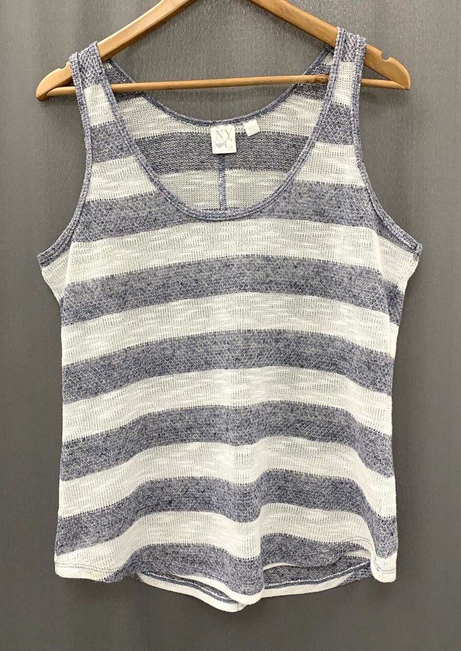 NY&Co Nautical Woven Tank Top Large Blue White Cabana Stripe Sheer Beach Coastal